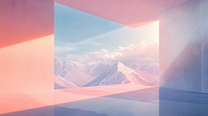 Wall Mural - Abstract minimalist pastel pink and blue room with a view of snowy mountains and clouds, creating a serene and dreamy atmosphere