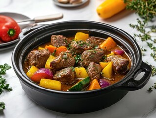 Poster - A black pot filled with meat and vegetables. The vegetables include carrots, onions, and peppers. The meat is cooked and he is tender. The dish looks hearty and delicious