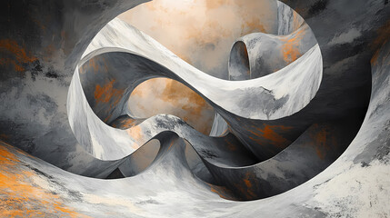 Wall Mural - Abstract landscape showcasing swirling, sculptural forms in shades of gray and orange, evoking a sense of movement and depth. Sculptural Depth. Illustration