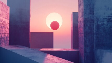 Wall Mural - Abstract concrete structures create a frame around a surreal sunset scene featuring a floating red sphere against a backdrop of pink and purple hues