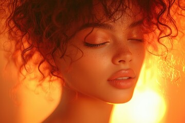 Wall Mural - Young woman with curly hair and glowing skin in warm sunset light showcasing natural beauty and tranquility