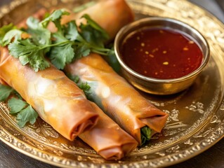 Sticker - Golden brown rice paper rolls filled with vegetables, served on a decorative plate with chili sauce in a bowl for dipping.