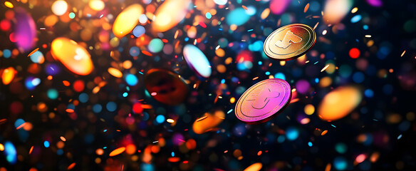 Wall Mural - dynamic burst of colorful coins and particles in vivid motion