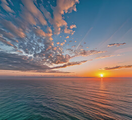 Wall Mural - Summer closeup sunset sea sky landscape. Colorful ocean beach sunrise. Beautiful beach reflections calm waves, soft sandy beach. Perfect tropical coast horizon scenic coast view.generative ai