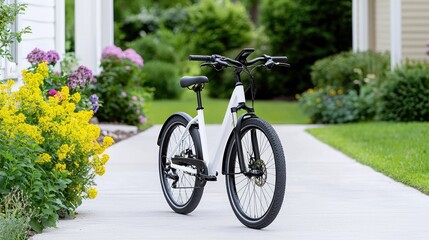 Wall Mural - White e-bike parked on driveway, suburban background