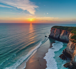 Wall Mural - Summer closeup sunset sea sky landscape. Colorful ocean beach sunrise. Beautiful beach reflections calm waves, soft sandy beach. Perfect tropical coast horizon scenic coast view.generative ai
