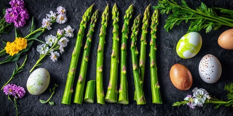 Poster - A bunch of asparagus and eggs are on a table. The asparagus are green and the eggs are white