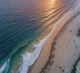 Wall Mural - Summer closeup sunset sea sky landscape. Colorful ocean beach sunrise. Beautiful beach reflections calm waves, soft sandy beach. Perfect tropical coast horizon scenic coast view.generative ai