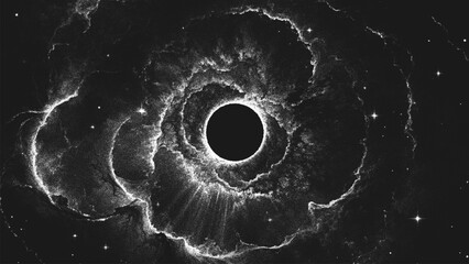 Leinwandbilder - Amazing huge massive black hole surrounded by a cosmic nebula. Gravitational pull of the universe in a cosmic cloud storm of light and shadows. Dotwork. Pointillism. Dots shading. Vector illustration