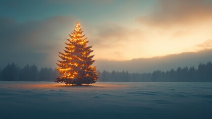 Wall Mural - Christmas Tree with Snowy Blurred Background.