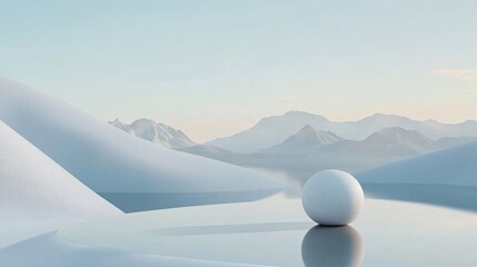 Wall Mural - Minimalist white sphere standing on water surface with snowy mountains in background, surreal winter landscape