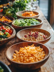 Wall Mural - Colorful food in wooden bowls on a table