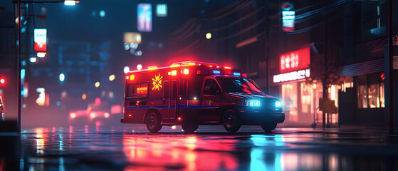Wall Mural - Nighttime emergency medical scene with a brightly lit ambulance flashing vivid red and blue lights against a dark urban backdrop  -