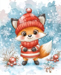 Wall Mural - A pencil and watercolor illustration of a fox donning a winter hat