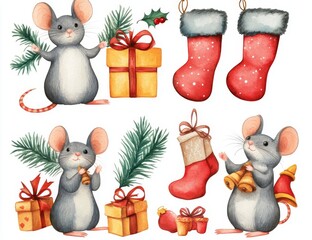 Wall Mural - Lovely set with New Year and Christmas mice, decorated with ornaments, gift boxes, candies, a Christmas sock, and snowflakes. This hand-crafted watercolor illustration is designed for winter themes