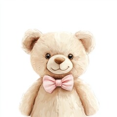 Lovely watercolor teddy bear with a bow tie and an ear bow, excellent for baby shower and nursery adornment