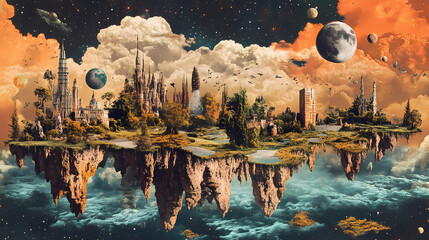 Wall Mural - A surreal collage combining elements like floating islands, mythical creatures, and celestial bodies, creating a dreamlike, fantastical world. Surreal Collage. Illustration