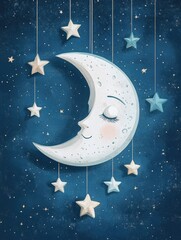 Wall Mural - a painting of a moon with stars hanging from it. the painting has a dreamy, whimsical feel to it