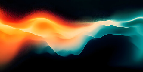 Wall Mural - vibrant orange teal white psychedelic grainy gradient color flow wave on black background, music cov