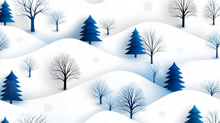 Wall Mural - Serene winter landscape with stylized blue trees and snow-covered hills. A minimalist winter wonderland scene.