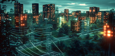 Wall Mural - digital city with high speed information and power grid. digital community, smart society. dx, iot, 
