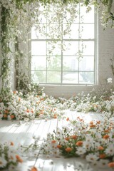 Wall Mural - Floral arrangement fills room with white and orange flowers beside an open window