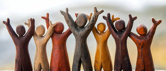 Wall Mural - wooden figures united in open hands, symbolizing inclusion and support in a diverse community -