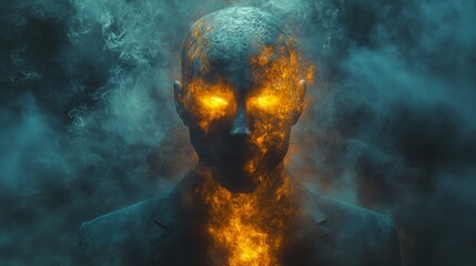 Wall Mural - A man's face is lit up with fire, creating a surreal and otherworldly atmosphere