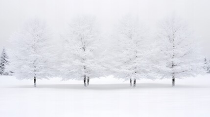 Wall Mural - Four snow-covered trees stand in a serene winter landscape. The minimalist scene features a monochromatic palette of white and gray, creating a peaceful and tranquil atmosphere.