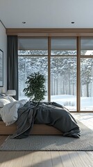 Wall Mural - Cozy winter bedroom with large windows and snowy landscape view