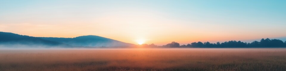 Poster - A beautiful sunset over a field of tall grass. The sky is a mix of blue and orange, and the sun is setting in the distance. The field is empty, with no people or animals visible