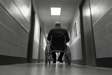 Elderly man in wheelchair navigates empty hospital hallway in black and white