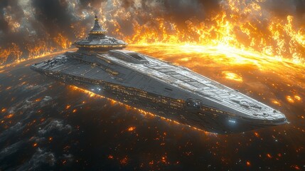 Wall Mural - Spaceship orbiting fiery planet, apocalyptic background