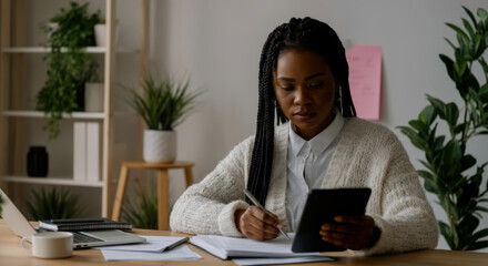 Canvas Print - A woman is sitting at a desk with a laptop and a tablet