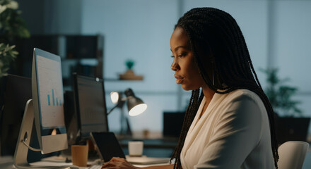 Canvas Print - A woman is sitting at a desk with a computer monitor and a laptop