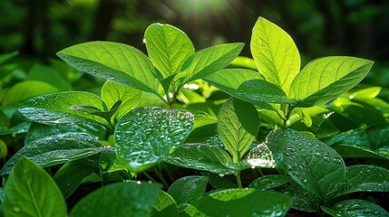 Wall Mural - Close-Up of Fresh Green Leaves with Dew Drops Under Sunlight from a Lush Garden, Highlighting the Beauty and Vitality of Nature