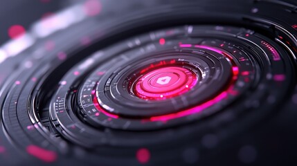 Futuristic tech interface close-up, glowing pink core, dark background, for tech website