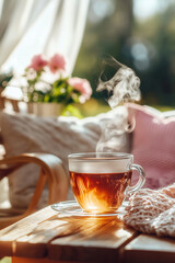 Wall Mural - Clear cup of steaming tea on a table on cozy wooden terrace with rustic wooden furniture, soft pillows and blankets and flowering bushes. Charming sunny evening in spring garden.