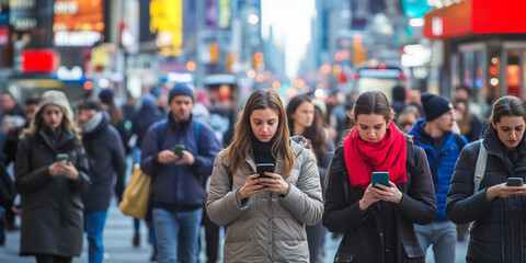 Crowd of people walking on a busy city street. People holding phones and looking at screens. Digital detox and addiction to social media concept.