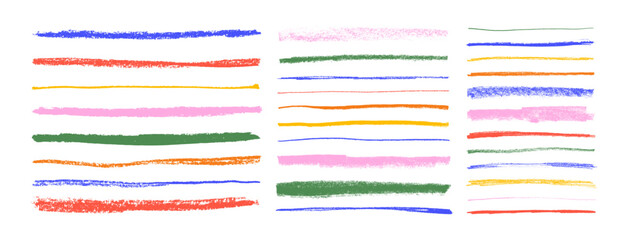 Multi colored crayon drawn underlines and straight strokes. Hand drawn doodle vector elements. Childish scribble pencil strokes. Pencil colored strips and rough highlighters isolated on white.