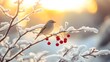 © DesignINKZ - Sunset behind snow-covered branches with a bird and red berries
