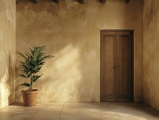 Wall Mural - Serene Indoor Plant with a Rustic Doorway