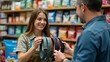 © IgorImageDoc - young woman man pet store woman standing front shelf filled various pet food products she holding dog collar her hands man standing next her looking her smile his face wearing blue shirt appears