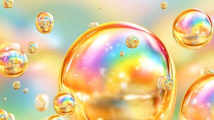 Wall Mural - golden iridescent bubbles float in pastel background