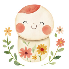 Wall Mural - Cute baby doll with floral design and smiling face surrounded by colorful flowers isolated png