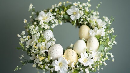 Poster - A wreath of flowers and eggs with a white background. The eggs are white and yellow and are arranged in a circle. The flowers are white and green and are scattered throughout the wreath