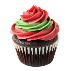 Chocolate cupcake with red and green swirl frosting on transparent background isolated png