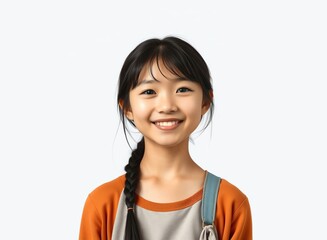 Wall Mural - an image of a young girl with a braid in her hair, smiling asian girl with braid hair and orange shirt holding a cell phone