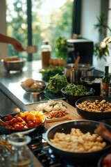 Wall Mural - A kitchen setup designed for professional cooking, with various pots and ingredients ready for meal preparation.