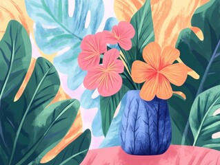 Wall Mural - A blue vase with pink and orange flowers in it sits on a table. The flowers are surrounded by green leaves, giving the impression of a tropical garden